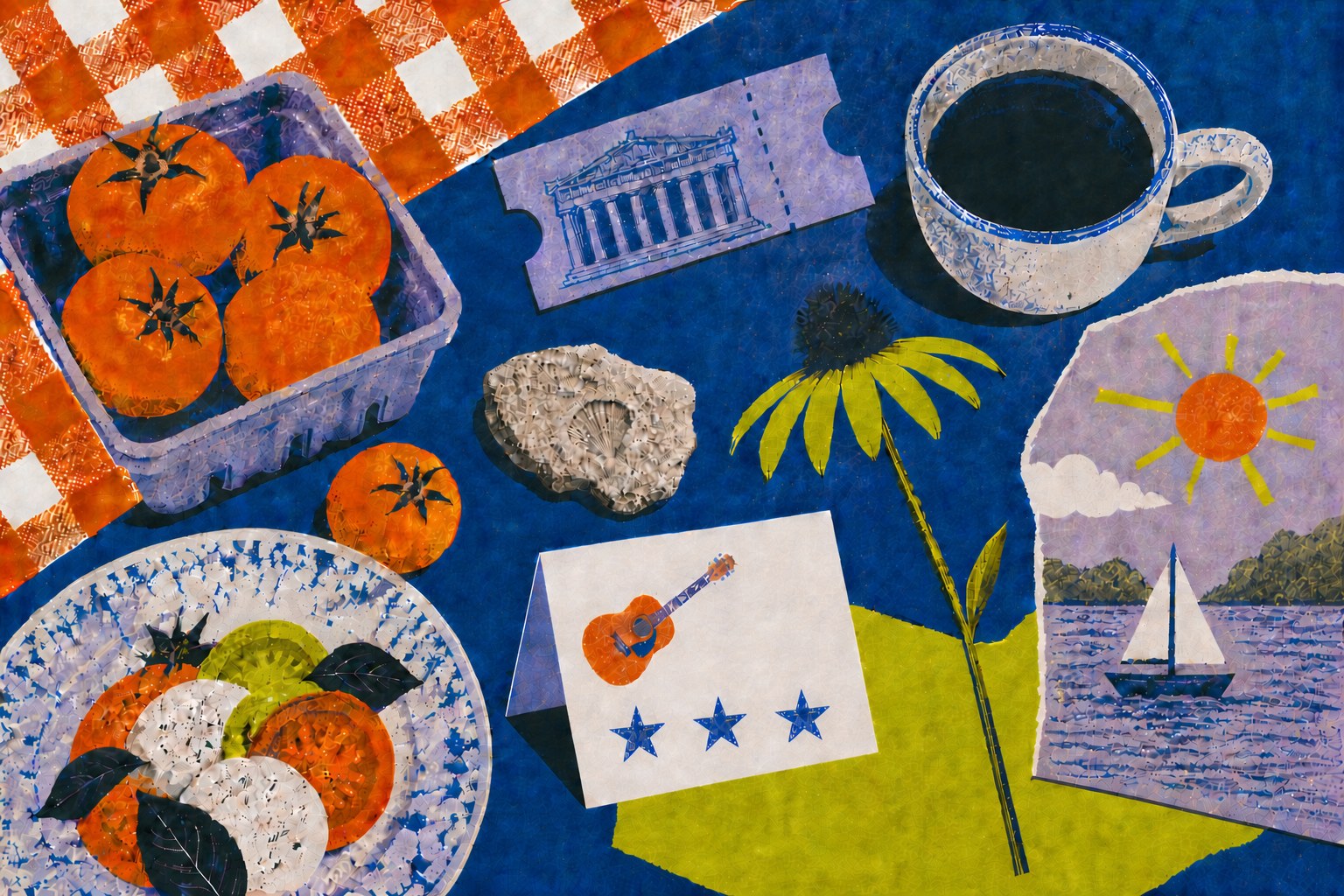 A Nashville risograph field-note collage with market tomatoes, coffee, a Parthenon ticket, fossil limestone, three stars, a small acoustic guitar, a lake drawing, a local meal, and a coneflower